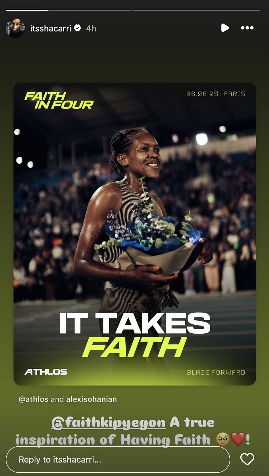 Sha'Carri Richardson reacts to Faith Kipyegon's performance | Instagram@itsshacarri